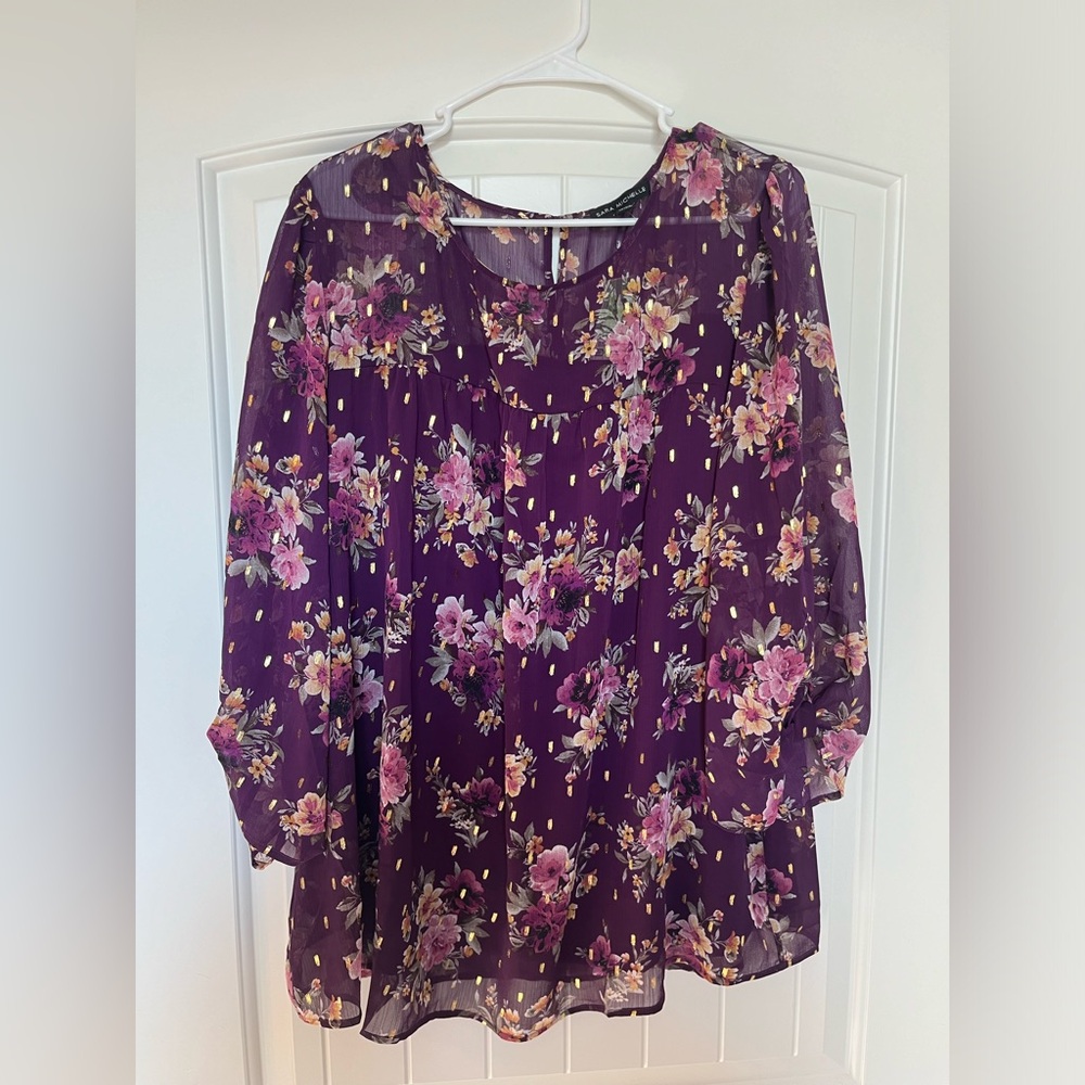 Sheer purple long sleeved blouse. Size 3x.